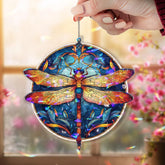 Dragonfly Acrylic Suncatcher, Round Blue and Orange Window Hanging Panel, Colorful Stained Glass Style Nature Inspired Home Decor Gift